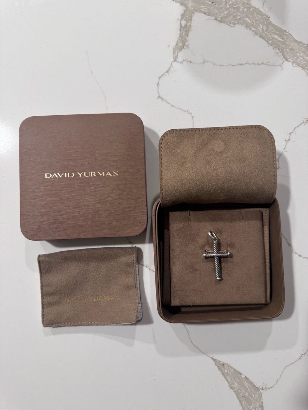David Yurman Silver Cable Cross Pendant with Brown Box